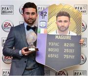 18 November 2017; PFA Ireland EA SPORTS™ Players’ Player of the Year Winner Sean Maguire, pictured at The Marker Hotel in Dublin, with his FIFA 18 Ultimate Team award-winner item, available in game from midnight on Saturday 18th November. Celebrating the win and mirroring his tremendous performances on the pitch throughout the year, this in-form FIFA Ultimate Team item sees Sean’s overall rating go from 62 to 82. With an incredible pace of 93, fans will have just one week to pack this very special item. Photo by Stephen McCarthy/Sportsfile