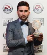 18 November 2017; PFA Ireland EA SPORTS™ Players’ Player of the Year Winner Sean Maguire, pictured at The Marker Hotel in Dublin. Sean also received an FIFA 18 Ultimate Team award-winner item, available in game from midnight on Saturday 18th November. Celebrating the win and mirroring his tremendous performances on the pitch throughout the year, this in-form FIFA Ultimate Team item sees Sean’s overall rating go from 62 to 82. With an incredible pace of 93, fans will have just one week to pack this very special item. Photo by Stephen McCarthy/Sportsfile