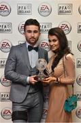 18 November 2017; PFA Ireland EA SPORTS™ Players’ Player of the Year Winner Sean Maguire and partner Claudia Rose Long, pictured at The Marker Hotel in Dublin. Sean also received an FIFA 18 Ultimate Team award-winner item, available in game from midnight on Saturday 18th November. Celebrating the win and mirroring his tremendous performances on the pitch throughout the year, this in-form FIFA Ultimate Team item sees Sean’s overall rating go from 62 to 82. With an incredible pace of 93, fans will have just one week to pack this very special item. Photo by Stephen McCarthy/Sportsfile