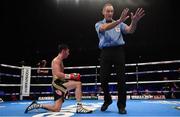 18 November 2017; Jamie Conlan recovers from a knock down by Jerwin Ancajas during their IBF World super flyweight Title bout at the SSE Arena in Belfast. Photo by Ramsey Cardy/Sportsfile