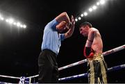 18 November 2017; Referee Steve Gray stops the fight between Jamie Conlan and Jerwin Ancajas during their IBF World super flyweight Title bout at the SSE Arena in Belfast. Photo by Ramsey Cardy/Sportsfile