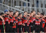 19 November 2017; Mount Leinster Rangers players during the national anthem prior to the AIB Leinster GAA Hurling Senior Club Championship Semi-Final match between Kilcormac - Killoughey and Mount Leinster Rangers at O'Connor Park in Tullamore, Co Offaly. Photo by Seb Daly/Sportsfile