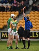 19 November 2017; Cillian Kelly of Kilcormac - Killoughey, centre, is shown a red card by referee John O’Brien during the AIB Leinster GAA Hurling Senior Club Championship Semi-Final match between Kilcormac - Killoughey and Mount Leinster Rangers at O'Connor Park in Tullamore, Co Offaly. Photo by Seb Daly/Sportsfile