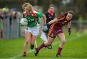 19 November 2017; Mari Corbett of Carnacon in action against Paula Donnelly of St Macartan's during the All-Ireland Ladies Football Senior Club Championship Semi-Final match between St Macartan's and Carnacon at Fr. Hackett Park in Augher, Tyrone. Photo by Oliver McVeigh/Sportsfile