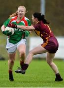 19 November 2017; Aoife Brennan of Carnacon in action against Lynda Donnelly of St Macartan's during the All-Ireland Ladies Football Senior Club Championship Semi-Final match between St Macartan's and Carnacon at Fr. Hackett Park in Augher, Tyrone. Photo by Oliver McVeigh/Sportsfile