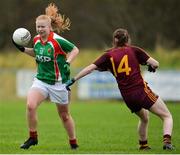 19 November 2017; Aoife Brennan of Carnacon in action against Chloe McCaffrey of St Macartan's during the All-Ireland Ladies Football Senior Club Championship Semi-Final match between St Macartan's and Carnacon at Fr. Hackett Park in Augher, Tyrone. Photo by Oliver McVeigh/Sportsfile