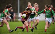 19 November 2017; Shauna McGirr of St Macartan's in action against Sadhbh Larkin of Carnacon during the All-Ireland Ladies Football Senior Club Championship Semi-Final match between St Macartan's and Carnacon at Fr. Hackett Park in Augher, Tyrone. Photo by Oliver McVeigh/Sportsfile