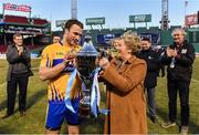 19 November 2017; Clare captain Patrick O’Connor is presented with the Players Champions Cup by An Tánaiste and Minister for Business, Enterprise and Innovation Frances Fitzgerald T.D., after the AIG Super 11's Fenway Classic Final match between Clare and Galway at Fenway Park in Boston, MA, USA. Photo by Brendan Moran/Sportsfile