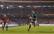 18 November 2017; Darren Sweetnam of Ireland on his way to scoring his side's first try during the Guinness Series International match between Ireland and Fiji at the Aviva Stadium in Dublin. Photo by Eóin Noonan/Sportsfile