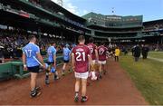 19 November 2017; The Galway and Dublin teams walk behind the Greater Boston Firefighters Pipe and Drum Band during the parade prior to the AIG Super 11's Fenway Classic Semi-Final match between Dublin and Galway at Fenway Park in Boston, MA, USA. Photo by Brendan Moran/Sportsfile
