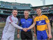 19 November 2017; Team captains Colm Callanan of Galway, left, and Patrick O’Connor of Clare with referee Diarmuid Kirwan prior to the AIG Super 11's Fenway Classic Final match between Clare and Galway at Fenway Park in Boston, MA, USA. Photo by Brendan Moran/Sportsfile
