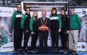 22 November 2017; In attendance as Basketball Ireland officially announce the venue for FIBA 2018 Women’s European Championship for Small Countries is, Cllr. Terry Shannon, Deputy Lord Mayor, with from left, Francis O'Sullivan, Ireland Assistant Coach, Grainne Dwyer of Ireland, Danielle Leary of Ireland, Grace O'Sullivan, Ireland manager, Claire Rockall of Ireland and Mark Scannell, Ireland head coach, at Mardyke Arena in Cork. Photo by Sam Barnes/Sportsfile