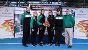 22 November 2017; In attendance as Basketball Ireland officially announce the venue for FIBA 2018 Women’s European Championship for Small Countries are, from left, Francis O'Sullivan, Ireland Assistant Coach, Danielle O'Leary of Ireland, Grainne Dwyer of Ireland, Claire Rockall of Ireland, Grace O'Sullivan, Ireland manager, and Mark Scannell, Ireland head coach, at Mardyke Arena in Cork. Photo by Sam Barnes/Sportsfile