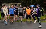 18 November 2017; Galway GAA footballer, Damien Comer leads the warm up for participants at the Oranmore parkun, where Vhi hosted a special event to celebrate their partnership with parkrun Ireland, before completing the 5km course alongside newcomers and seasoned parkrunners alike. Vhi provided walkers, joggers, runners and volunteers at Oranmore parkrun with a variety of refreshments in the Vhi Relaxation Area at the finish line. A qualified physiotherapist was also available to guide participants through a post event stretching routine to ease those aching muscles. To register for a parkrun near you visit www.parkrun.ie. Photo by Piaras Ó Mídheach/Sportsfile