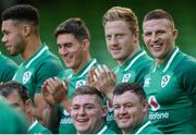 24 November 2017; Players, back row, from left, Adam Byrne, Ian Keatley, James Tracy, and Andrew Conway and front row, Tadhg Furlong and Dave Kilcoyne, right, in the squad photo before during Ireland rugby captain's run at the Aviva Stadium in Dublin. Photo by Piaras Ó Mídheach/Sportsfile