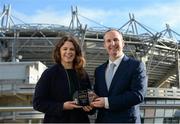 24 November 2017; Noelle Healy of Dublin is presented with The Croke Park Hotel & LGFA Player of the Month Award for September from Alan Smullen, General Manager, Croke Park Hotel, at The Croke Park Hotel in Dublin. Photo by Cody Glenn/Sportsfile