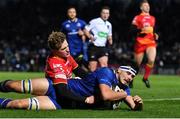 24 November 2017; Max Deegan of Leinster scores his side's fourth try during the Guinness PRO14 Round 9 match between Leinster and Dragons at the RDS Arena in Dublin. Photo by Brendan Moran/Sportsfile