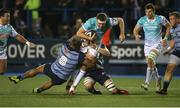 24 November 2017; James Cannon of Connacht is tackled by Nick Williams and Macauley Cook of Cardiff Blues during the Guinness PRO14 Round 9 match between Cardiff Blues and Connacht at Arms Park in Cardiff, Wales. Photo by Gareth Everett/Sportsfile