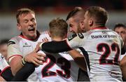 24 November 2017; Andrew Trimble, 23, of Ulster celebrates with team-mates after scoring his side's second try during the Guinness PRO14 Round 9 match between Ulster and Benetton at Kingspan Stadium in Belfast. Photo by Oliver McVeigh/Sportsfile