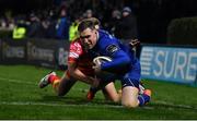 24 November 2017; Rory O'Loughlin of Leinster scores his side's eighth try during the Guinness PRO14 Round 9 match between Leinster and Dragons at the RDS Arena in Dublin. Photo by Brendan Moran/Sportsfile