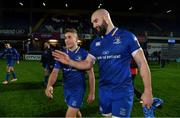 24 November 2017; Jordan Larmour, left, and Scott Fardy of Leinster after the Guinness PRO14 Round 9 match between Leinster and Dragons at the RDS Arena in Dublin. Photo by Brendan Moran/Sportsfile