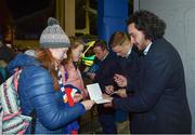 24 November 2017; Leinster players Bryan Byrne, Josh van der Flier and James Lowe with supporters in Autograph Alley ahead of the Guinness PRO14 Round 9 match between Leinster and Dragons at the RDS Arena in Dublin. Photo by Ramsey Cardy/Sportsfile