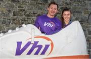 25 November 2017; Vhi ambassador and Olympian David Gillick and Wexford Camogie player Sarah O’Connor after the Johnstown parkrun where Vhi hosted a special event to celebrate their partnership with parkrun Ireland. Vhi ambassador and Olympian David Gillick and Wexford Camogie player Sarah O’Connor were on hand to lead the warm up for parkrun participants before completing the 5km course alongside newcomers and seasoned parkrunners alike. Vhi provided walkers, joggers, runners and volunteers at Johnstown parkrun with a variety of refreshments in the Vhi Relaxation Area at the finish line. David Gillick and Sarah O’Connor were also available to guide participants through a post event stretching routine to ease those aching muscles. To register for a parkrun near you visit www.parkrun.ie. Photo by Piaras Ó Mídheach/Sportsfile