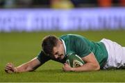 25 November 2017; Jacob Stockdale of Ireland goes over to score his side's first try during the Guinness Series International match between Ireland and Argentina at the Aviva Stadium in Dublin.Photo by Piaras Ó Mídheach/Sportsfile