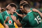 25 November 2017; Jacob Stockdale of Ireland celebrates after scoring his side's first try with teammates Rob Kearney and Peter O’Mahony during the Guinness Series International match between Ireland and Argentina at the Aviva Stadium in Dublin. Photo by Piaras Ó Mídheach/Sportsfile