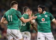 25 November 2017; Jacob Stockdale of Ireland is congratulated by teammate Sean O’Brien after scoring his side's first try during the Guinness Series International match between Ireland and Argentina at the Aviva Stadium in Dublin. Photo by Piaras Ó Mídheach/Sportsfile