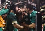 25 November 2017; Ireland's Jacob Stockdale, centre, celebrates with team-mates Sean O’Brien, left, and Jonathan Sexton after scoring his side's second try during the Guinness Series International match between Ireland and Argentina at the Aviva Stadium in Dublin. Photo by Ramsey Cardy/Sportsfile