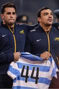 25 November 2017; Santiago Garcia Botta, left, and team captain Agustin Creevy hold a jersey recognising the 44 members of the Argentina Navy that are missing after the disappearance of their submarine ARA San Juan, before the Guinness Series International match between Ireland and Argentina at the Aviva Stadium in Dublin. Photo by Piaras Ó Mídheach/Sportsfile