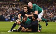 25 November 2017; CJ Stander of Ireland supported by Devin Toner scores his side's third try despite the tackle of Nicolas Sanchez, left, and Jeronimo de la Fuente of Argentina during the Guinness Series International match between Ireland and Argentina at the Aviva Stadium in Dublin. Photo by Ramsey Cardy/Sportsfile