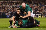 25 November 2017; CJ Stander of Ireland supported by Devin Toner scores his side's third try despite the tackle of Nicolas Sanchez, left, and Jeronimo de la Fuente of Argentina during the Guinness Series International match between Ireland and Argentina at the Aviva Stadium in Dublin. Photo by Ramsey Cardy/Sportsfile