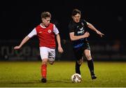 25 November 2017; Dylan Gavin of Athlone Town in action against Kenny Lee of St Patrick's Athletic during the SSE Airtricity National Under 15 League Final match between Athlone Town and St Patrick's Athletic at Lisseywollen in Athlone, Co Westmeath. Photo by Stephen McCarthy/Sportsfile