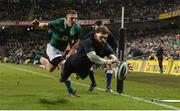 25 November 2017; Ramiro Moyano of Argentina scores his side's third try despite the efforts of Andrew Conway of Ireland during the Guinness Series International match between Ireland and Argentina at the Aviva Stadium in Dublin. Photo by Piaras Ó Mídheach/Sportsfile