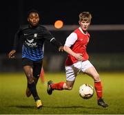 25 November 2017; Kyle Conway of St Patrick's Athletic in action against Israel Kimazo of Athlone Town during the SSE Airtricity National Under 15 League Final match between Athlone Town and St Patrick's Athletic at Lisseywollen in Athlone, Co Westmeath. Photo by Stephen McCarthy/Sportsfile
