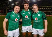 25 November 2017; Ireland's Andrew Conway, left, Adam Byrne, centre, and James Tracy following the Guinness Series International match between Ireland and Argentina at the Aviva Stadium in Dublin. Photo by Ramsey Cardy/Sportsfile