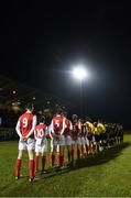 25 November 2017; St Patrick's Athletic and Athlone Town players during the national anthem prior to the SSE Airtricity National Under 15 League Final match between Athlone Town and St Patrick's Athletic at Lisseywollen in Athlone, Co Westmeath. Photo by Stephen McCarthy/Sportsfile