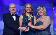 25 November 2017; Ciara Trant of Dublin is presented with her TG4 All Star award by Ard Stiúrthóir TG4, Alan Esslemont and President of LGFA Marie Hickey during the TG4 Ladies Football All-Star Awards at the CityWest Hotel in Saggart, Co Dublin. Photo by Brendan Moran/Sportsfile