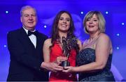 25 November 2017; Emma Spillane of Cork is presented with her TG4 All Star award by Ard Stiúrthóir TG4, Alan Esslemont and President of LGFA Marie Hickey during the TG4 Ladies Football All-Star Awards at the CityWest Hotel in Saggart, Co Dublin. Photo by Brendan Moran/Sportsfile