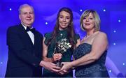 25 November 2017; Sarah Tierney of Mayo is presented with her TG4 All Star award by Ard Stiúrthóir TG4, Alan Esslemont and President of LGFA Marie Hickey during the TG4 Ladies Football All-Star Awards at the CityWest Hotel in Saggart, Co Dublin. Photo by Brendan Moran/Sportsfile