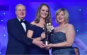 25 November 2017; Rachel Ruddy of Dublin  is presented with her TG4 All Star award by Ard Stiúrthóir TG4, Alan Esslemont and President of LGFA Marie Hickey during the TG4 Ladies Football All-Star Awards at the CityWest Hotel in Saggart, Co Dublin. Photo by Brendan Moran/Sportsfile