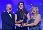25 November 2017; Lorraine Scanlon of Kerry is presented with her TG4 All Star award by Ard Stiúrthóir TG4, Alan Esslemont and President of LGFA Marie Hickey during the TG4 Ladies Football All-Star Awards at the CityWest Hotel in Saggart, Co Dublin. Photo by Brendan Moran/Sportsfile