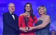 25 November 2017; Aimee Mackin of Armagh is presented with her TG4 All Star award by Ard Stiúrthóir TG4, Alan Esslemont and President of LGFA Marie Hickey during the TG4 Ladies Football All-Star Awards at the CityWest Hotel in Saggart, Co Dublin. Photo by Brendan Moran/Sportsfile