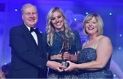 25 November 2017; Nicole Owens of Dublin is presented with her TG4 All Star award by Ard Stiúrthóir TG4, Alan Esslemont and President of LGFA Marie Hickey during the TG4 Ladies Football All-Star Awards at the CityWest Hotel in Saggart, Co Dublin. Photo by Brendan Moran/Sportsfile