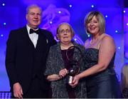 25 November 2017; Breda Curran, from Co Wexford, is presented with the Hall of Fame award by Ard Stiúrthóir TG4, Alan Esslemont and President of LGFA Marie Hickey during the TG4 Ladies Football All-Star Awards at the CityWest Hotel in Saggart, Co Dublin. Photo by Brendan Moran/Sportsfile
