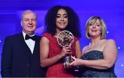 25 November 2017; Lara Dahunsi, from Co.Antrim, is presented with the Ulster Young Player of the Year award by Ard Stiúrthóir TG4, Alan Esslemont and President of LGFA Marie Hickey during the TG4 Ladies Football All-Star Awards at the CityWest Hotel in Saggart, Co Dublin. Photo by Brendan Moran/Sportsfile