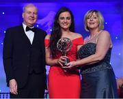 25 November 2017; Fiona Keating, from Co. Cork, is presented with the Munster Young Player of the Year award by Ard Stiúrthóir TG4, Alan Esslemont and President of LGFA Marie Hickey during the TG4 Ladies Football All-Star Awards at the CityWest Hotel in Saggart, Co Dublin. Photo by Brendan Moran/Sportsfile