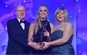 25 November 2017; Aisling McCarthy of Tipperary is presented with the Intermediate Players Player of the Year award by Ard Stiúrthóir TG4, Alan Esslemont and President of LGFA Marie Hickey during the TG4 Ladies Football All-Star Awards at the CityWest Hotel in Saggart, Co Dublin. Photo by Brendan Moran/Sportsfile